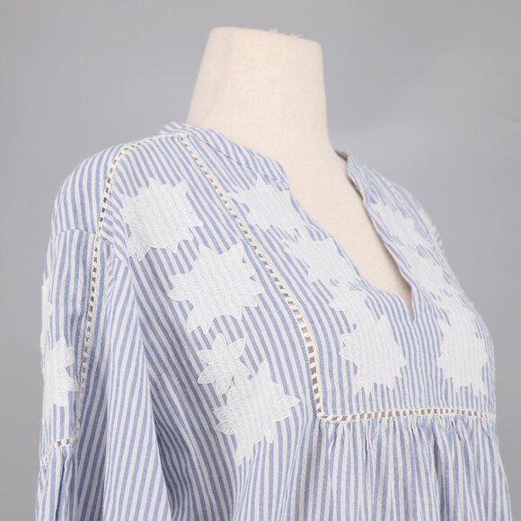 MAISON 123 PARIS Blue Striped V-Neck White Embroidery Flowy Blouse Size L - Picture 3 of 8